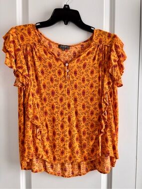 Haute Hippie Orange Floral Ruffle Sleeve Blouse